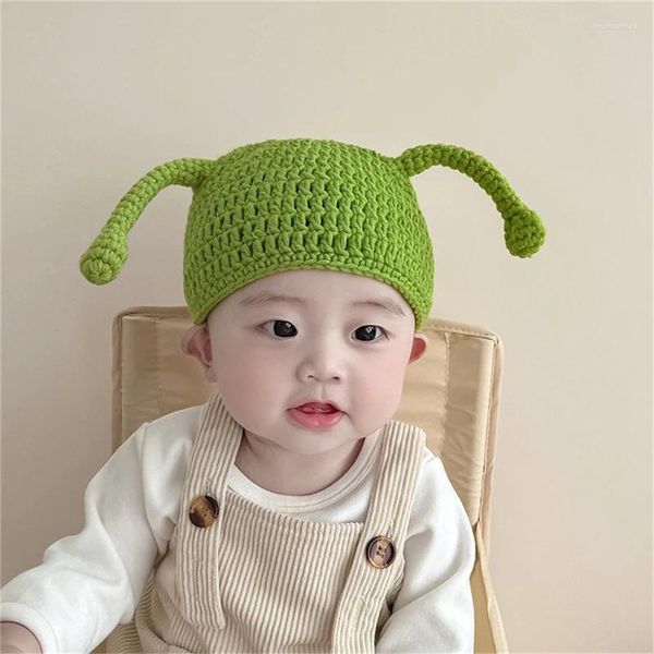 Şapkalar sevimli bebek şapkası kış çocuklar kulak koruma moda komik kazak şapka karikatür çocukları el örgü yeşil