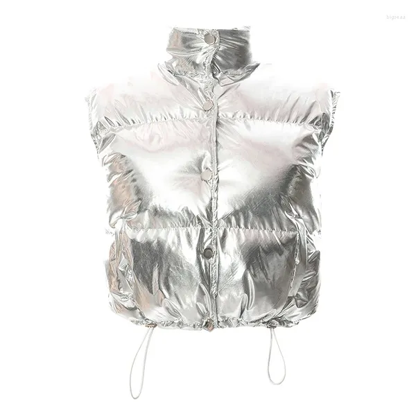 Gilet da donna Cappotto imbottito imbottito in piumino argento da donna Gilet Zpper High Streetwear Giacca corta invernale senza maniche Autunno Harajuku Parka