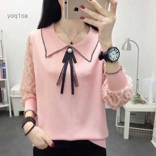 Damenpullover Pullover Frauen Elegante Spitze Patchwork Strickpullover Koreanische Mode Damen Peter Pan Kragen Langarm Strickwaren Tops S-3XLL231026