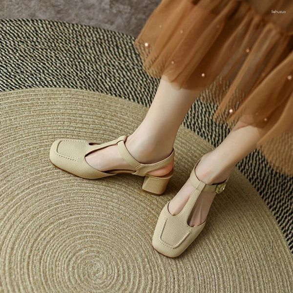 Sapatos de vestido Sandálias de verão Mulheres Square Toe Chunky Heel Mid Split Couro Sólido Capa Feminina Mary Janes