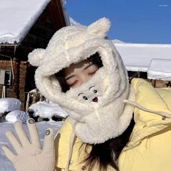 Berets inverno dos desenhos animados urso orelha cordeiro chapéu com máscara proteção espessada crânios gorros para mulheres menina bonito quente conjunto de pelúcia