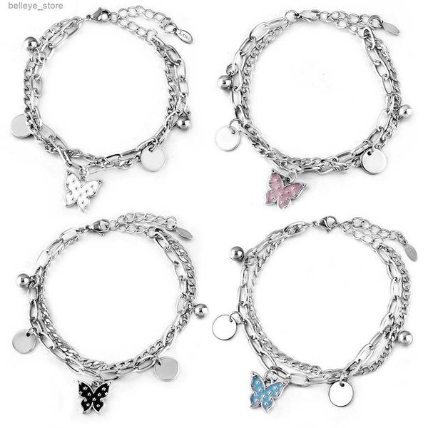 Braccialetti con ciondoli New Young Trending Doppio strato Bracciale in acciaio inossidabile lucido Braccialetti Gioielli da donna Bracciale regolabile con farfalla dipinta GiftL23121