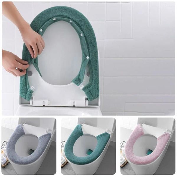 Tampas de assento do vaso sanitário capa universal macio botão espessado closestool tapete lavável almofada de cor pura banheiro