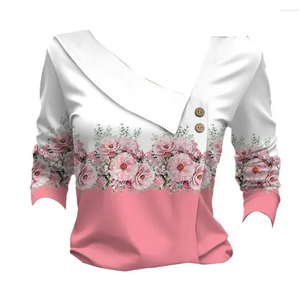 Blusas femininas blusa de primavera estampar vulvo de pescoço para mulheres de manga comprida larga de comprimento médio com cor de cor de combinação de botões de combinação