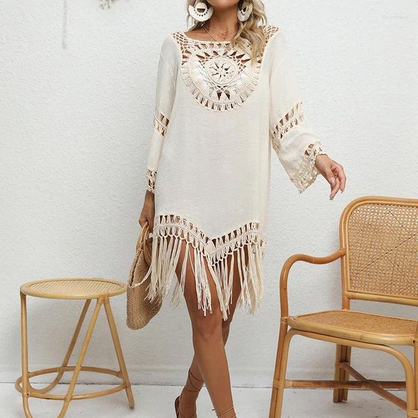 Mulheres Swimwear Fringe Beach Dress Túnica Cover Ups Mulheres Swimsuit Envoltório Outfits Crochet Cover-Ups Verão 2023 Malha Tassel Sarong Saida