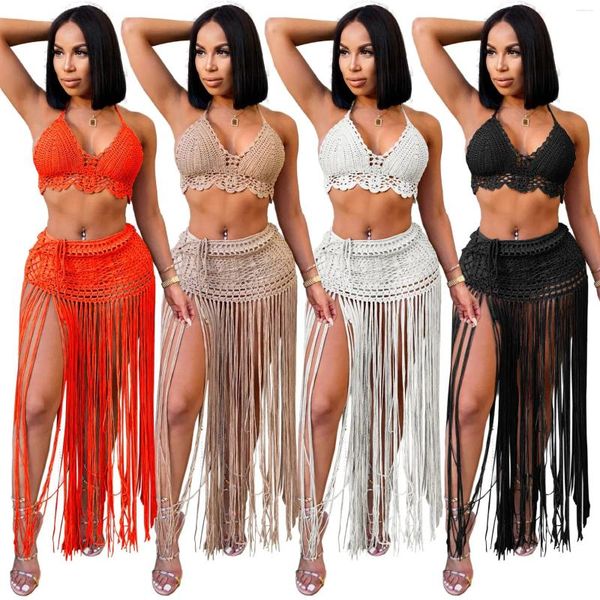 Vestidos de trabalho feminino conjunto de biquíni de crochê borla roupa de banho bandagem 2 peça de malha praia verão sexy oco longo cobrir saia ternos