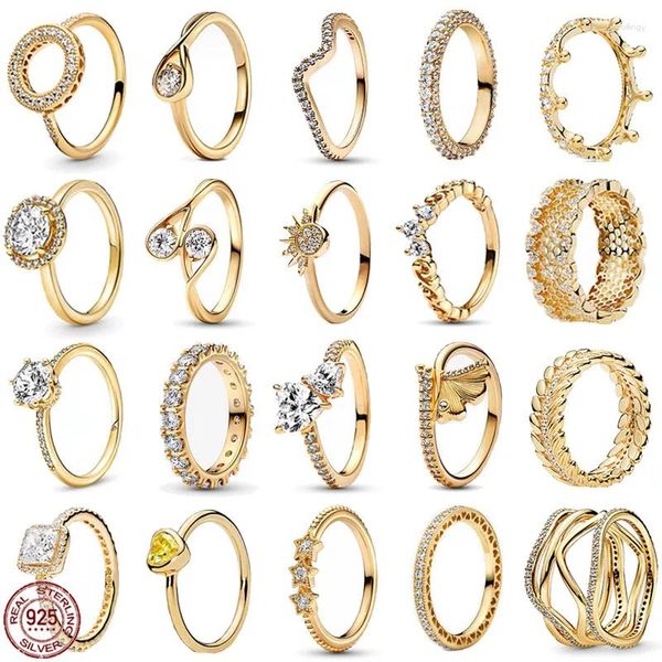 Cluster-Ringe, exquisite Goldfarben-Serie, 925er Sterlingsilber, klassische Krone, runder Herzring, leichter Luxus-Charme, Damenschmuck, Geschenk