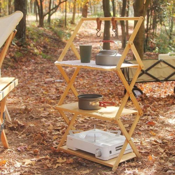 Móveis de acampamento ao ar livre mesa de armazenamento de acampamento 50cm 2/3/4 camada bambu portátil prateleira dobrável para casa sapato armário caminhadas churrasco