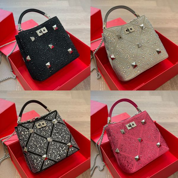 Diamantes rebite alça superior balde romano bolsa de ombro marca de luxo v strass acolchoado designer mulheres sacos de compras senhora corrente cinta pequena bolsa