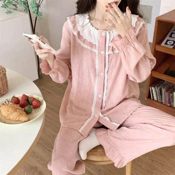 Pijamas femininos primavera outono rosa renda princesa algodão pijama 2 peças conjunto calças confortáveis roupas para casa plissado pijama s461