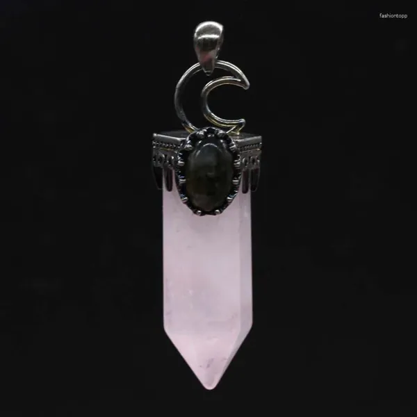 Anhänger Halsketten Natürlicher Amethyst Rosenquarz Kristall Lapislazuli Labradorit Sechseck Mond Schwarzer Achat Tigerauge Stein Schmuck für Frauen