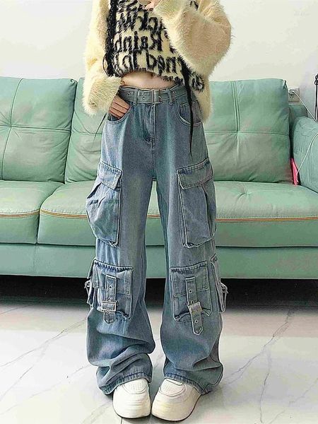 Женские джинсы 2023 Cyber Y2K, уличная одежда, синие мешковатые брюки-карго для женщин, одежда с несколькими карманами, старое широкое платье, женские брюки