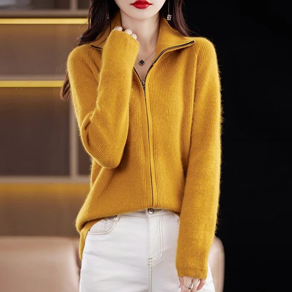 Maglioni da donna 100 puro visone maglione di cashmere colletto alla coreana cardigan spesso autunno e inverno caldo casual lavorato a maglia di grandi dimensioni con cerniera 231219