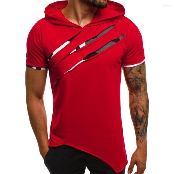 Camiseta masculina sólida manga curta rasgada com capuz cor manga curta esportiva com capuz