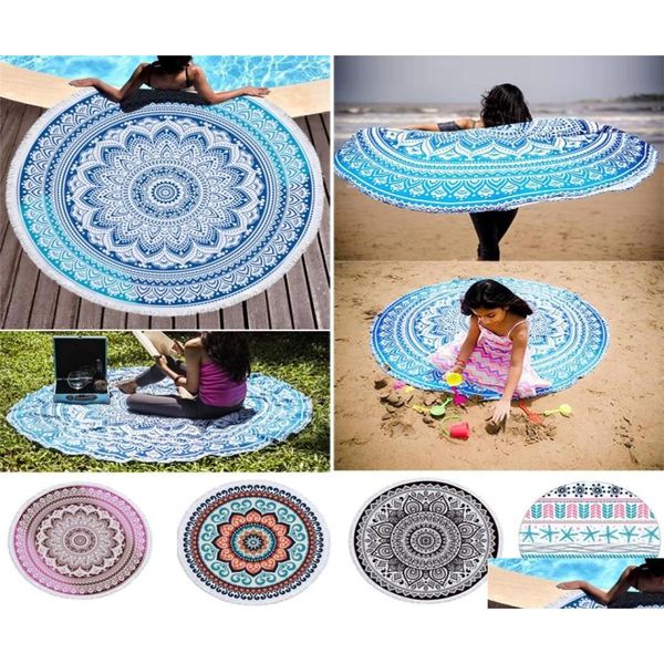 Outdoor-Pads Strandmatte Quasten Rand Runde Decke Handtücher Gedruckt Picknick Cam Outdoor Sport Pool Freizeit Yoga Decke2025614 Drop Deli Dhcnl