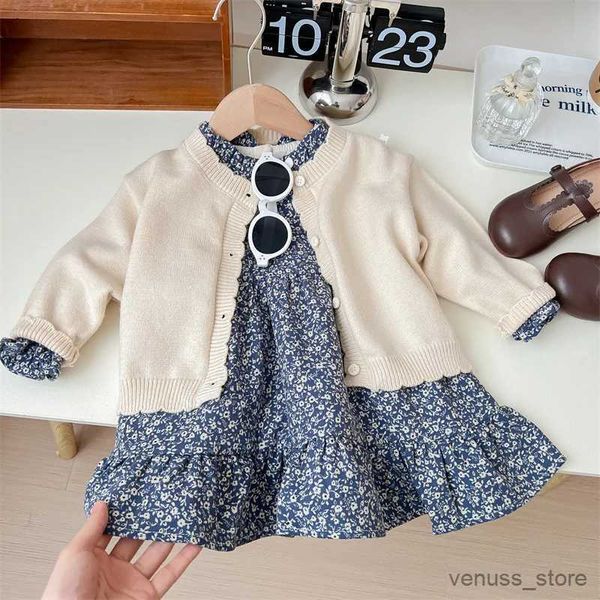 Mädchenkleider Mädchen Prinzessin süße 2pcs Anzug Frühling Herbst Kinder Baby Kinder gestrickt Langarm Strickjacke+Kragen Blumenkleid Sets