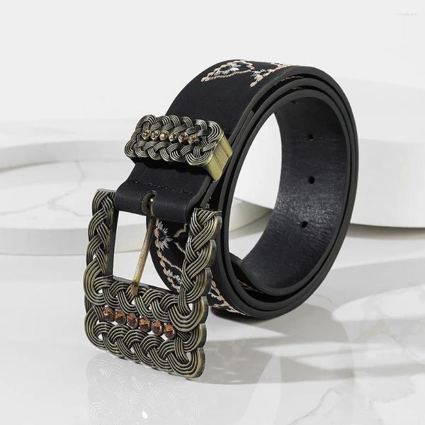 Cinture Moda Ricamo Cintura con strass Etnico Vintage Fibbia in lega Decorazione in pizzo Jeans neri Accessori Casual