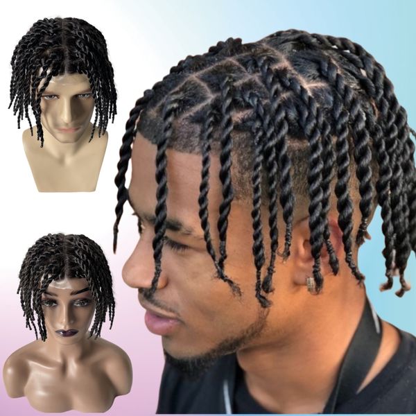 Sostituzione dei capelli umani vergini indiani 200% densità 1 # Jet Black Twist Trecce Nodi Pelle PU Toupee per uomini neri