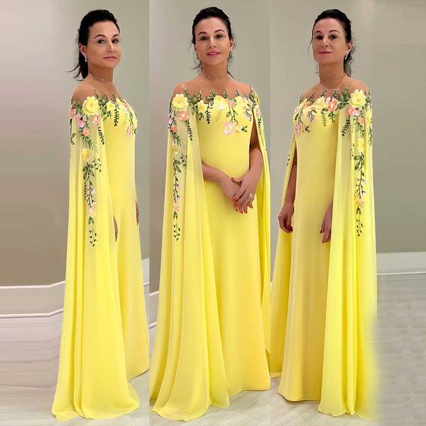 Abito da sera in chiffon giallo Abiti da cerimonia con ricami applicati con mantella con collo gioiello e abito da ballo da donna lungo fino al pavimento