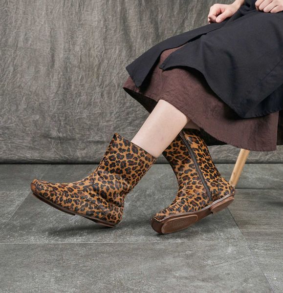 Sonbahar/Kış Yeni Leopar Desen At Saç Kadın Ayakkabıları Üst Katman Deri Gerçek Sole Kalın Topuk Yan Fermuar Moda Martin Botları Kadınlar İçin