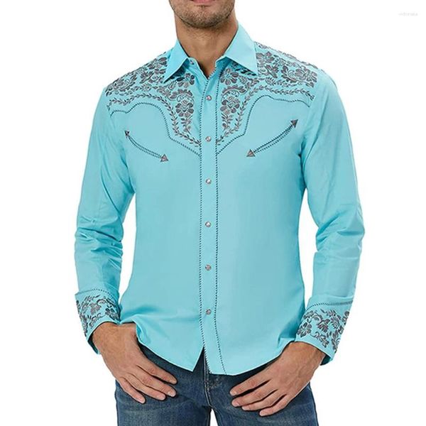 Herren lässige Hemden Männer Frühling Tops Western Vintage bedruckt Long Sleeve Lose Slim Button Down Hemd Hemd Bluse Herren Kleidung