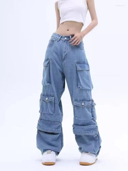 Kadınlar Kot Pell Tasarım Yüksek Beled Retro Pantolon Günlük Mavi Vintage Amerikan Sokağı Kadın Düz Denim Pantolon