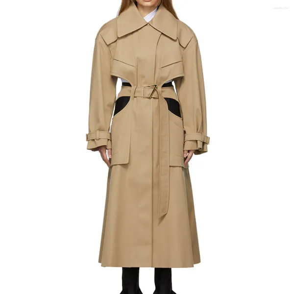Casacos de trincheira femininos casaco médio longo à prova de vento designer recorte fino espanador casual com cinto