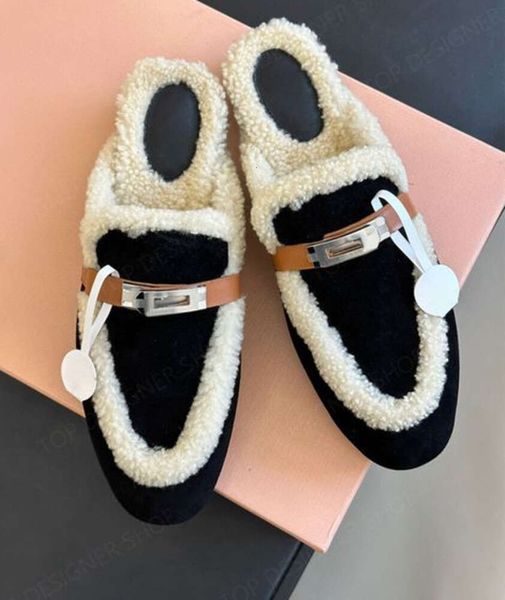 HermosSlipper Inverno Flat Fur Slide Mules Mulheres Nubuck Couro Fivela Cabeça Redonda Sandálias Peludas Fofas Tamancos Ao Ar Livre Mocassins de Lã Quente ry464 2