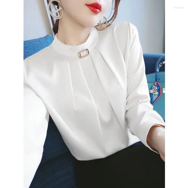Blusas femininas moda de alta qualidade manga longa o pescoço totalmente cabido chiffon camisa cor sólida escritório roupas plissadas