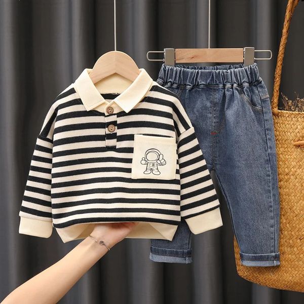 Olekid primavera outono meninos 2 pçs conjunto de roupas algodão listra moletom calças jeans do bebê roupas menino terno 231220