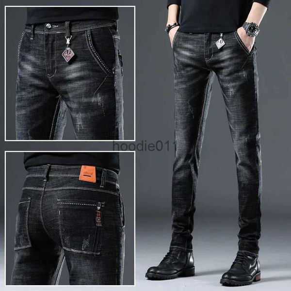 Jeans masculinos masculinos de alta qualidade clássico negócios jeans elástico lavado calças jeans em linha reta magro-ajuste arranhões decorações moda casual jeans; L231220