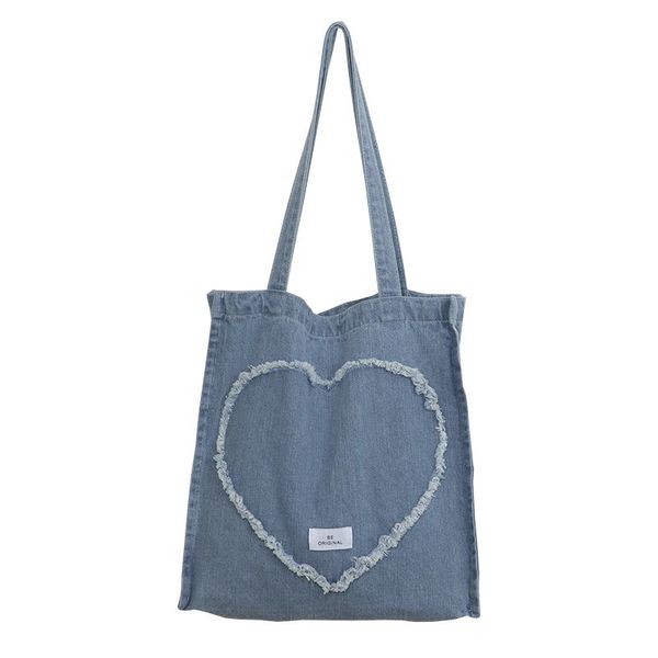 Einkaufstaschen Rough Edge Denim Damen Umhängetasche Love Heart-Shaped Cloth Handtasche Große Einkaufstasche Female School Books Tote Eco Canvas Purse 231219