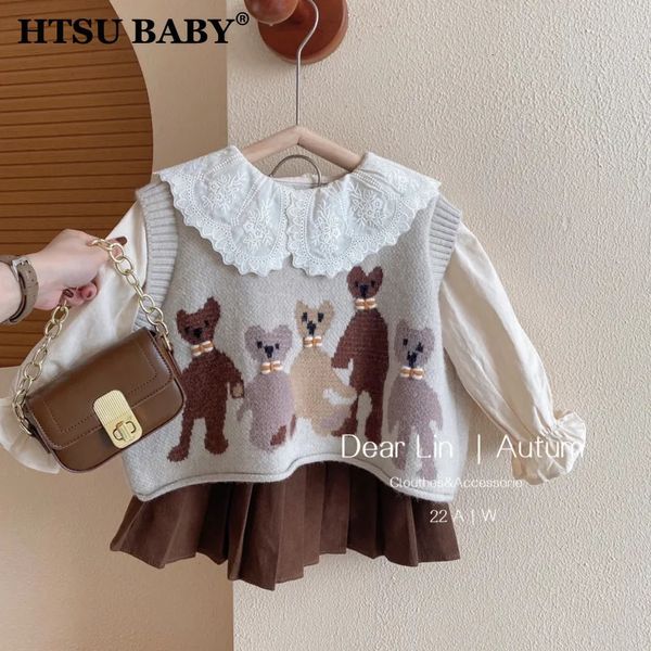 Htsu bebê meninas conjunto de três peças outono inverno bordado colete de malha renda boneca colarinho camisa vestido plissado roupas infantis 231220