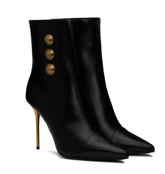 2024 marca de inverno de luxo alma roni botas de tornozelo para mulheres metal salto agulha vestido de festa dedo do pé apontado botões de ouro vestido de festa senhora botas elegante bota de salto alto eu43