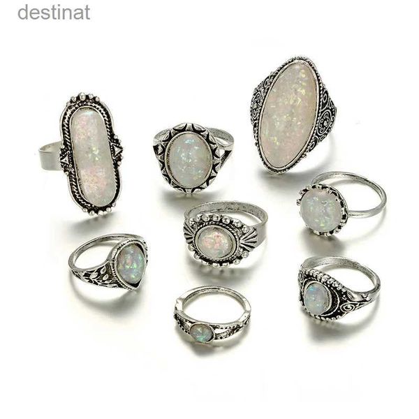 Solitaire Ring Tocona Vintage Antik Silber Farbe Ringe Sets Bunte Opal Kristall Stein Ringe für Frauen Männer Böhmischen Schmuck anillos 6421L231220