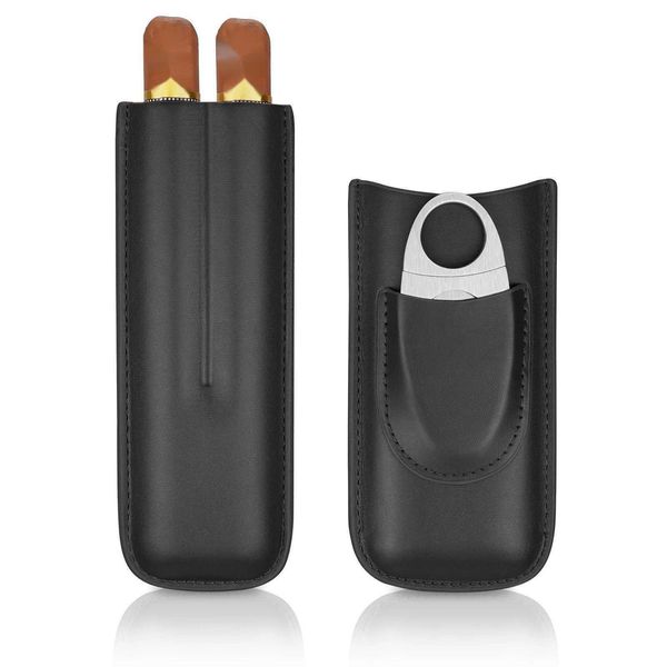 Schwarzer Leder-Zigarren-Humidor-Halter, tragbares TwoTube-Etui, Raucherzubehör mit Silberschneider, Geschenk für Männer