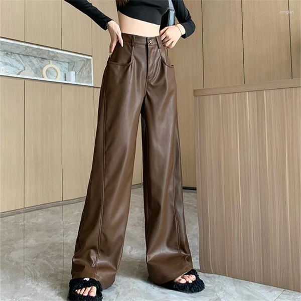 Frauenhose hohe Taille Wide Legs lässige Kaffee -PU -Lederhose Streetstyle Bottoms weiblich gerade locker schwarz