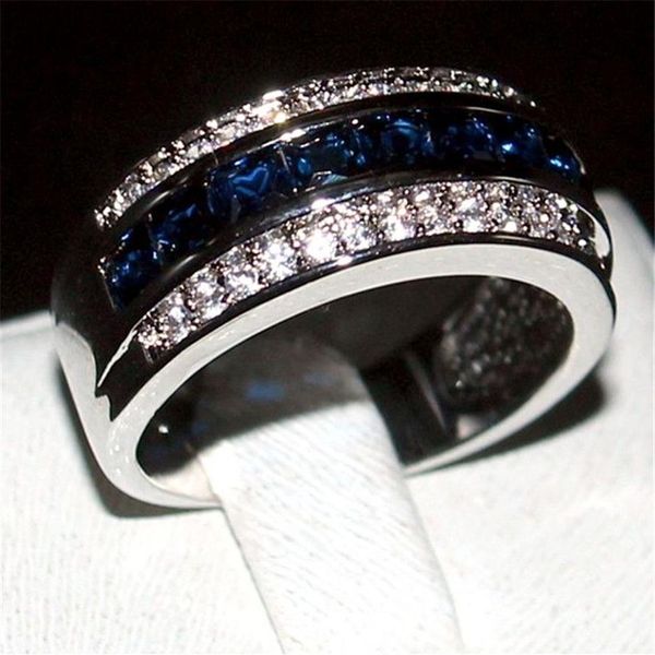 Luxuriöse Ringe mit blauem Saphir-Edelstein im Prinzessschliff, modischer 10-karätiger Weißgold-gefüllter Ehering-Schmuck für Männer und Frauen, Größe 8, 9, 10, 11, 205q
