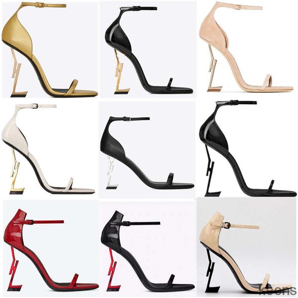 10A Scarpe da donna di design di alta qualità OPYUM Sandali in pelle laccata con tacco dorato Sandali di lusso per danza classica in pelle metallica Tacchi alti per feste di nozze