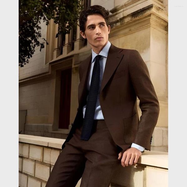 Мужские костюмы, куртка, брюки, комплект из 2 предметов, коричневый свадебный наряд высокого качества на 2024 год, однобортный роскошный пиджак с зазубренными лацканами
