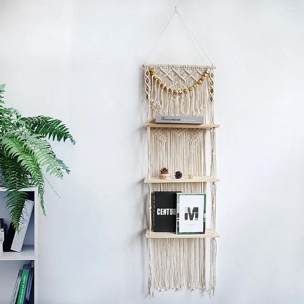 Arazzi Macrame boemo Cremagliera in legno a tre livelli Scaffale Appeso a parete Pianta Vasi da fiori Gancio Boho Corda Arazzo Home Art Decor