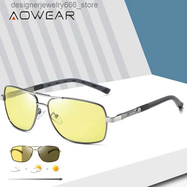 Óculos de sol moda quadros aowear fotocromático polarizado homens dia noite visão óculos masculino alumínio amarelo condução camaleão sol gafas q231219