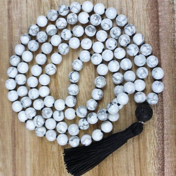 108 Howlith geknotete Mala-Halskette, Lavastein-Anhänger, Perle mit schwarzer Quaste, Halskette, emotional beruhigender Heilungsschmuck2552