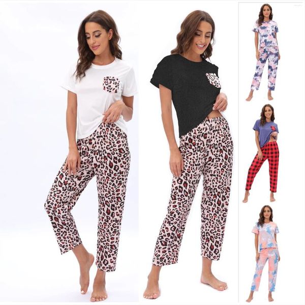 Damen-Nachtwäsche, Leoparden-Pyjama für Damen, Sommer, kurzärmelig, T-Shirt, Hose, Damen-Pyjama, O-Ausschnitt, lässig, Krawattenfärbung, Heim-Damen-Nachtwäsche