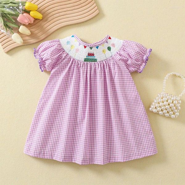 Платья для девочек, летнее фиолетовое клетчатое платье для девочек, платья принцессы с вышивкой и вышивкой, наряд для дня рождения, детская одежда, От 1 до 5 лет