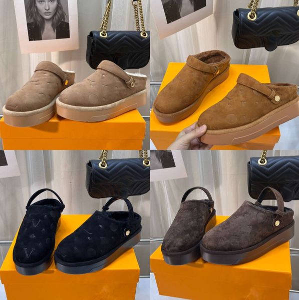 Piattaforma di aspen Clog Slifor Designer Designer di pelliccia di lusso Donne scivolano soffici peluche accogliente per il comfort piatto Muli piatti Fiori piatti scarpe calde casual sandalo inverno 8841ess