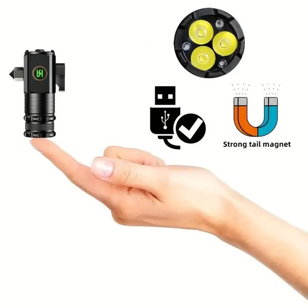 1 unidade 3x LED de alto brilho com palma pequena lanterna, bateria recarregável USB tipo C, luz de flash portátil, luz noturna magnética, mochila feminina, tocha estroboscópica de bolso ao ar livre