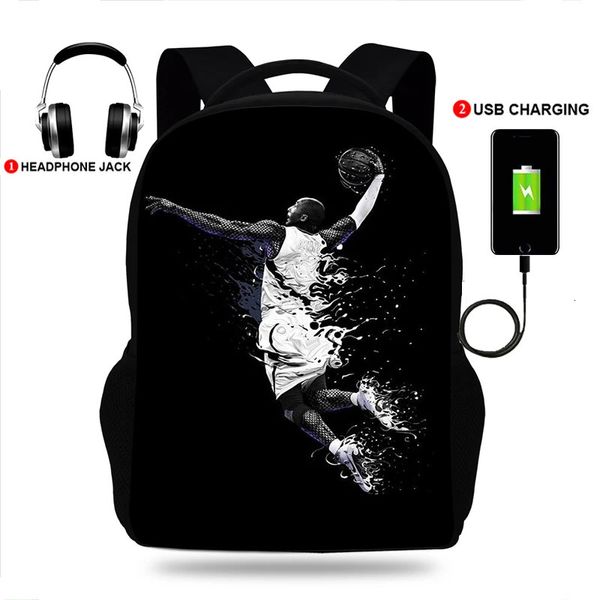 17inchLuxury Basketball Basket Print College Rucksack USB Ladegerät Schultasche Laptop Rucksäcke für Teenager Schultasche Jungen Mochila 231220