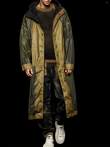 Erkek trençkotları artı boyutu kontrast renkli kapşonlu ceket rüzgar kırıcı sonbahar kış maxi giyim