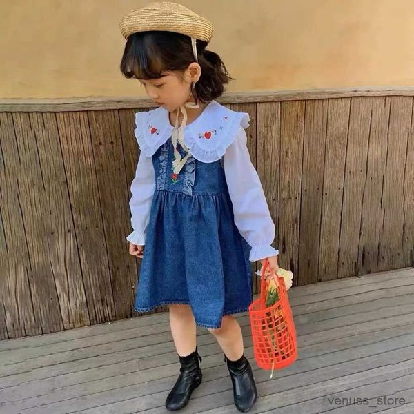 Abiti da ragazza Abiti per ragazze 2 pezzi in denim abito autunno bambino bambini dolce pizzo grande bavaglio camicia da ricamo a maniche lunghe + cowboy set di abiti da cowboy